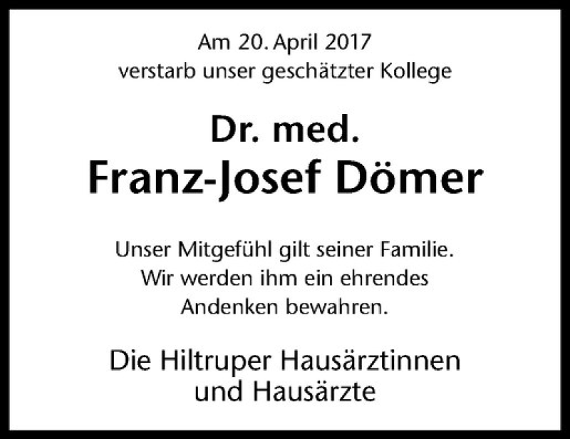  Traueranzeige für Franz-Josef Dömer vom 29.04.2017 aus Westfälische Nachrichten