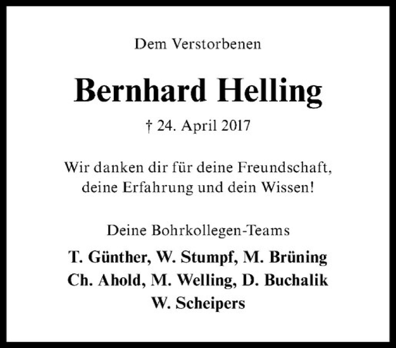  Traueranzeige für Bernhard Helling vom 29.04.2017 aus Westfälische Nachrichten