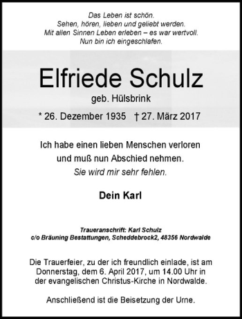 Anzeige von Elfriede Schulz von Westfälische Nachrichten