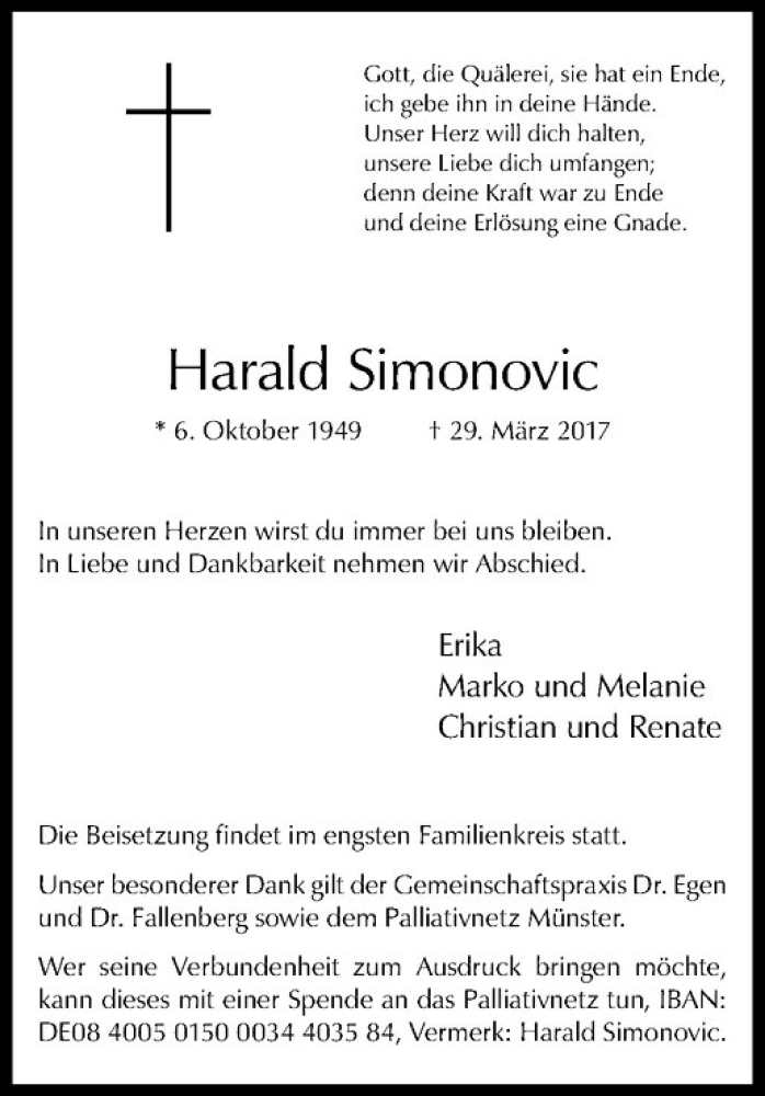  Traueranzeige für Harald Simonovic vom 05.04.2017 aus Westfälische Nachrichten