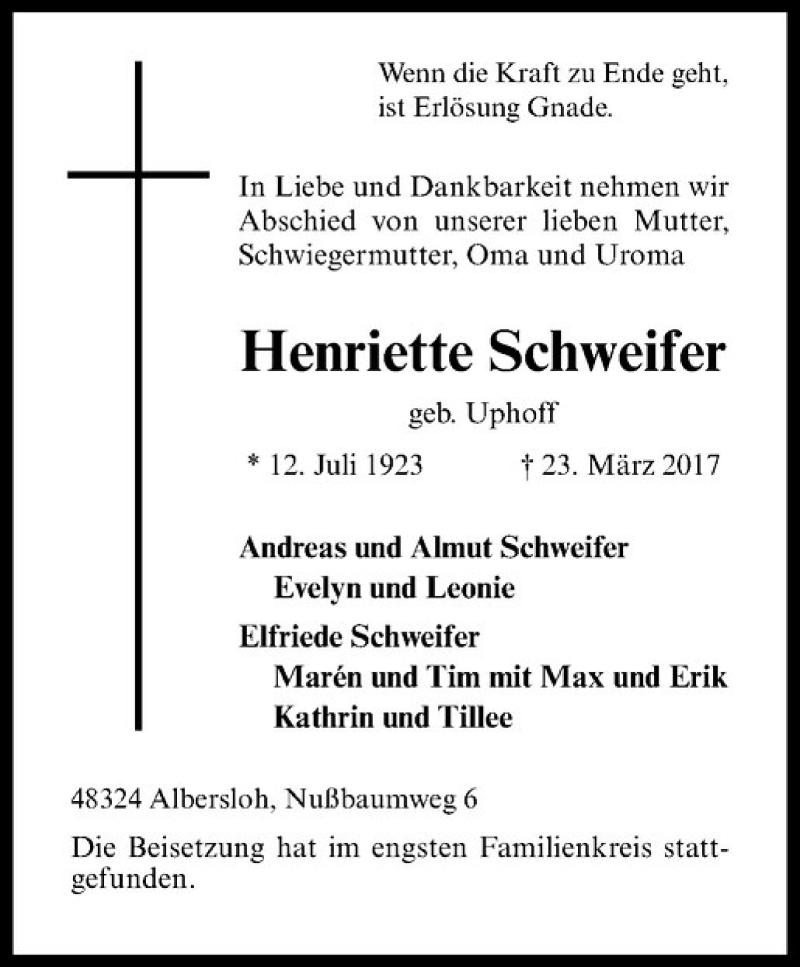  Traueranzeige für Henriette Schweifer vom 01.04.2017 aus Westfälische Nachrichten