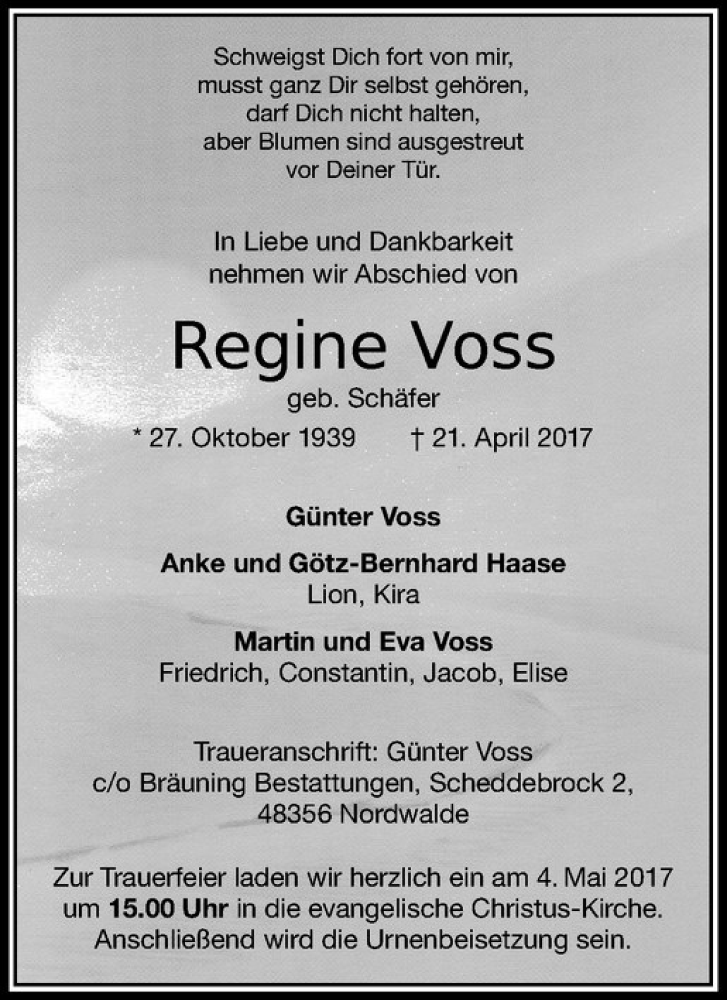  Traueranzeige für Regine Voss vom 29.04.2017 aus Westfälische Nachrichten
