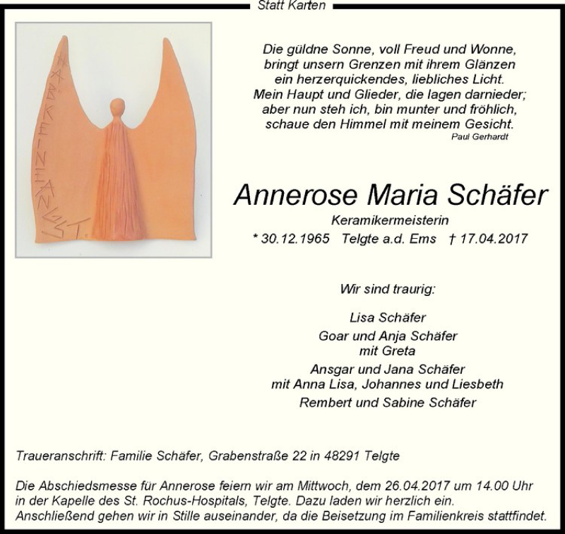  Traueranzeige für Annerose Maria Schäfer vom 22.04.2017 aus Westfälische Nachrichten