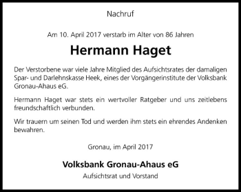 Anzeige von Hermann Haget von Westfälische Nachrichten