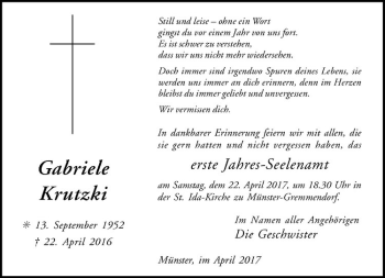 Anzeige von Gabriele Krutzki von Westfälische Nachrichten