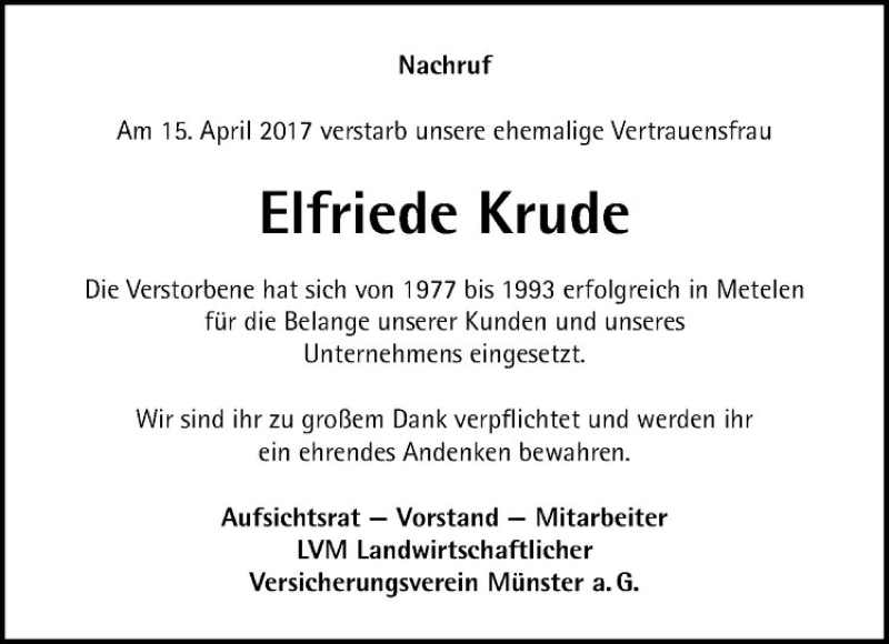  Traueranzeige für Elfriede Krude vom 22.04.2017 aus Westfälische Nachrichten
