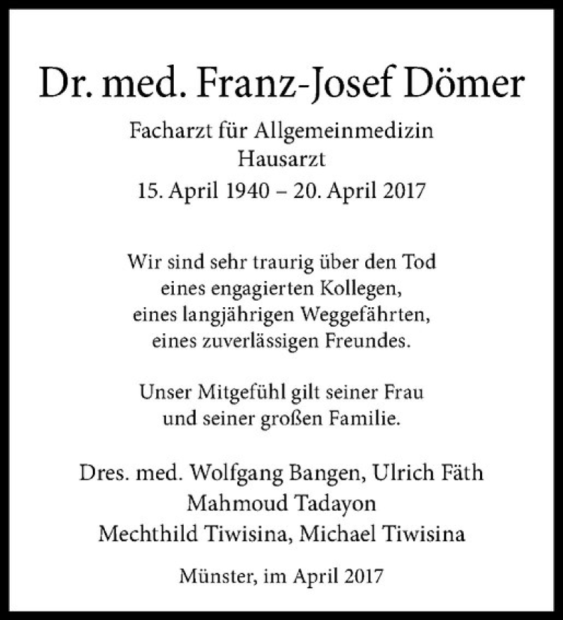  Traueranzeige für Franz-Josef Dömer vom 26.04.2017 aus Westfälische Nachrichten
