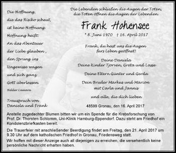 Anzeige von Frank Hohensee von Westfälische Nachrichten