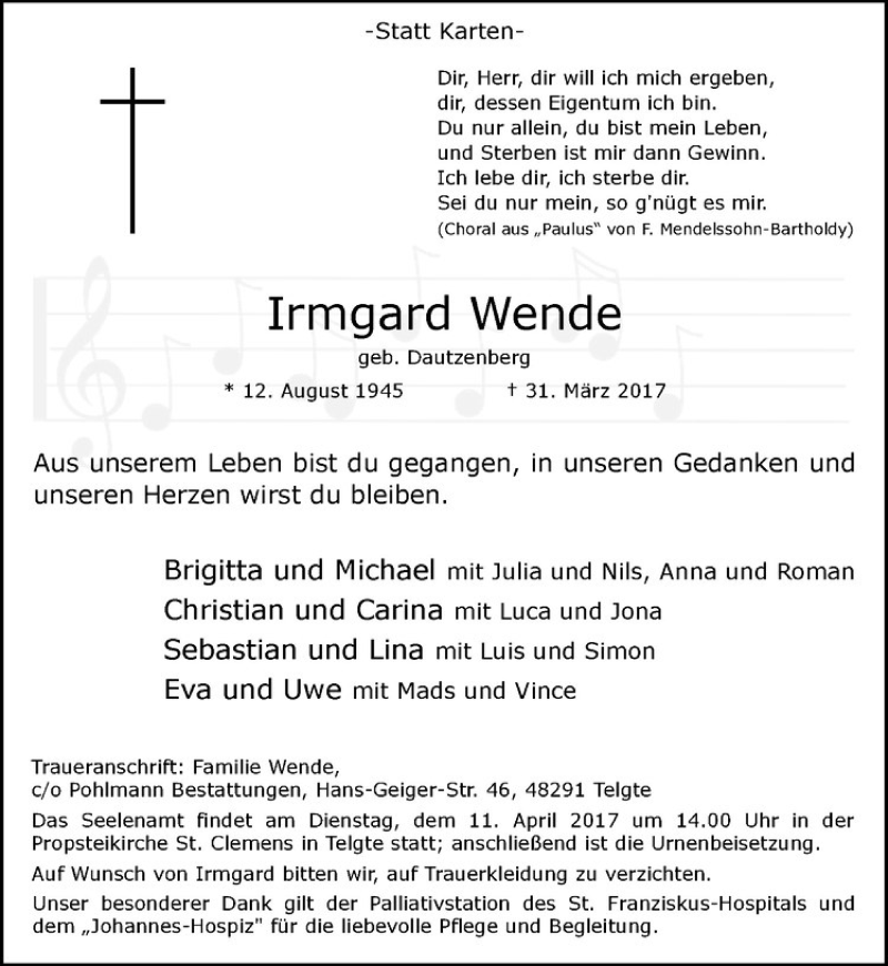  Traueranzeige für Irmgard Wende vom 05.04.2017 aus Westfälische Nachrichten
