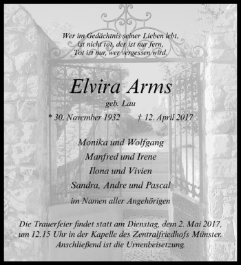 Anzeige von Elvira Arms von Westfälische Nachrichten