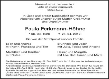 Anzeige von Paula Ferkmann-Höhne von Westfälische Nachrichten