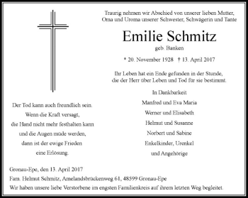 Anzeige von Emilie Schmitz von Westfälische Nachrichten