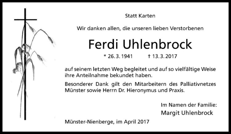  Traueranzeige für Ferdi Uhlenbrock vom 29.04.2017 aus Westfälische Nachrichten
