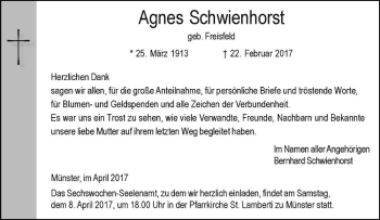Anzeige von Agnes Schwienhorst von Westfälische Nachrichten