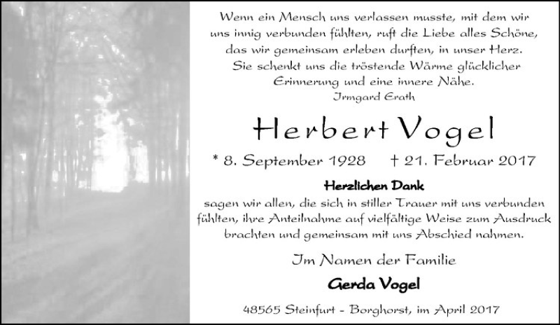  Traueranzeige für Herbert Vogel vom 08.04.2017 aus Westfälische Nachrichten