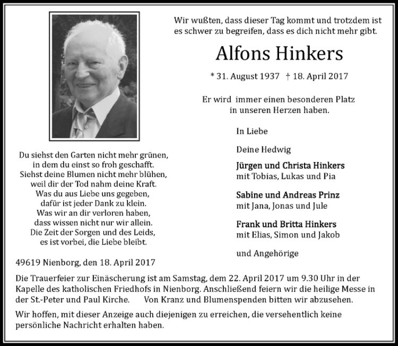  Traueranzeige für Alfons Hinkers vom 20.04.2017 aus Westfälische Nachrichten