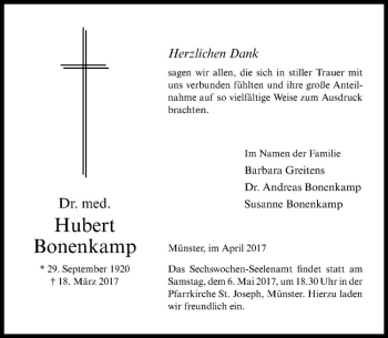 Anzeige von Hubert Bonenkamp von Westfälische Nachrichten