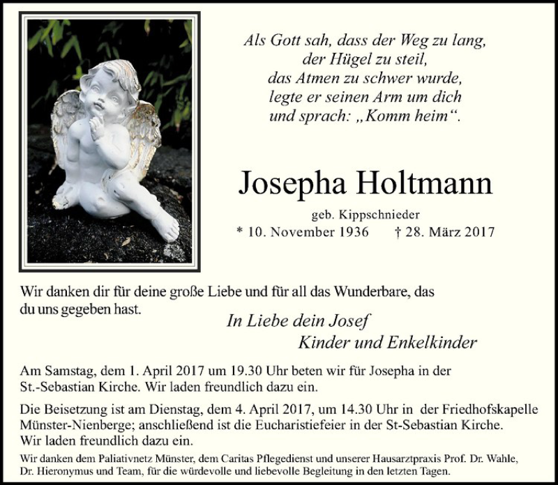  Traueranzeige für Josepha Holtmann vom 01.04.2017 aus Westfälische Nachrichten