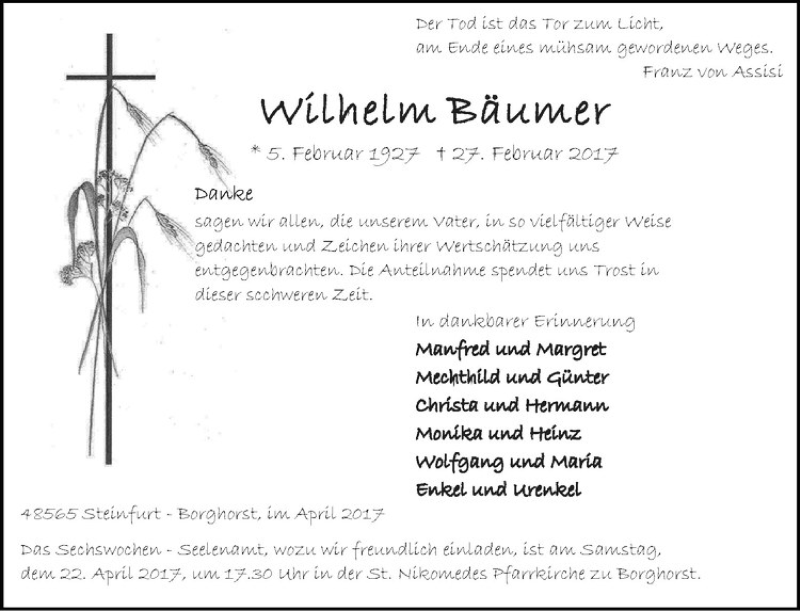  Traueranzeige für Wilhelm Bäumer vom 14.04.2017 aus Westfälische Nachrichten