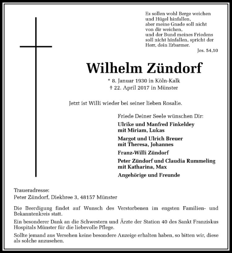  Traueranzeige für Wilhelm Zündorf vom 28.04.2017 aus Westfälische Nachrichten
