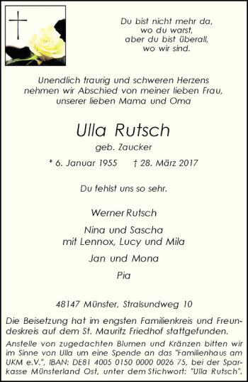 Anzeige von Ulla Rutsch von Westfälische Nachrichten