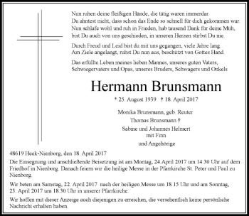 Anzeige von Hermann Brunsmann von Westfälische Nachrichten