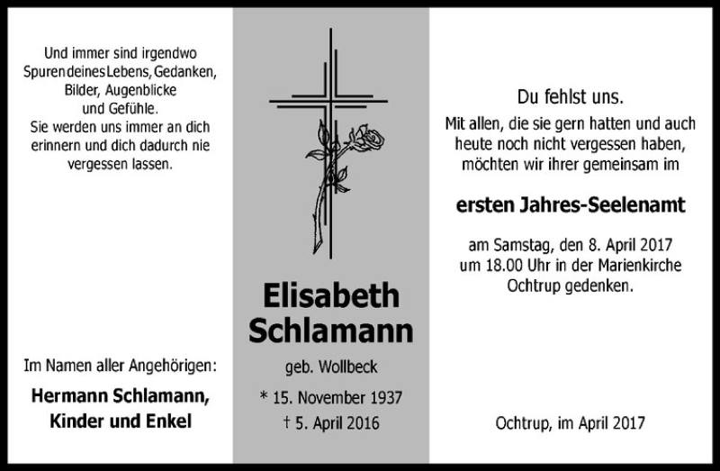  Traueranzeige für Elisabeth Schlamann vom 07.04.2017 aus Westfälische Nachrichten
