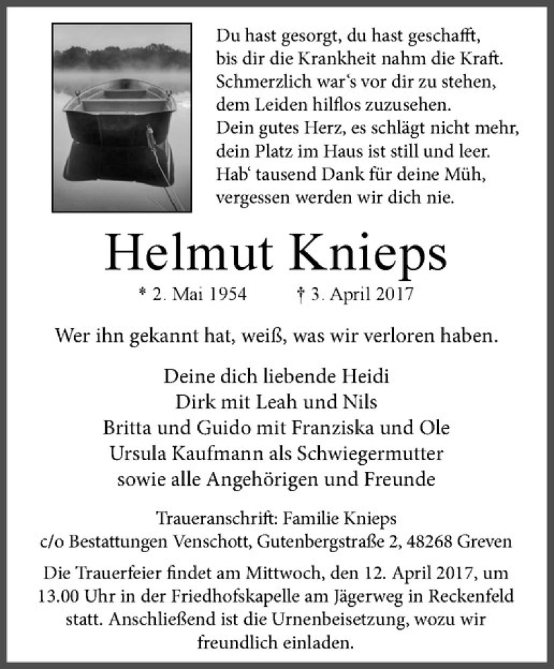  Traueranzeige für Helmut Knieps vom 08.04.2017 aus Westfälische Nachrichten