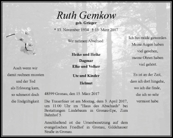 Anzeige von Ruth Gemkow von Westfälische Nachrichten