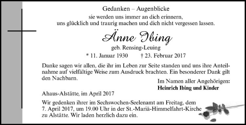  Traueranzeige für Änne Ibing vom 04.04.2017 aus Westfälische Nachrichten