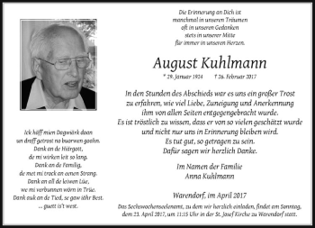 Anzeige von August Kuhlmann von Westfälische Nachrichten