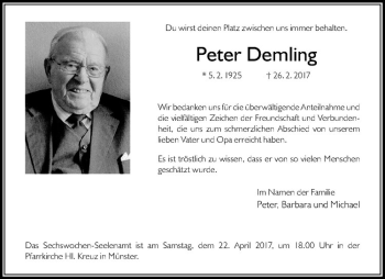 Anzeige von Peter Demling von Westfälische Nachrichten