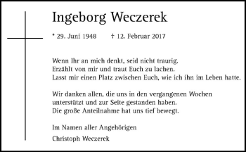 Anzeige von Ingeborg Weczerek von Westfälische Nachrichten
