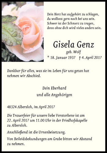 Anzeige von Gisela Genz von Westfälische Nachrichten