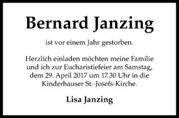 Anzeige von Bernard Janzing von Westfälische Nachrichten