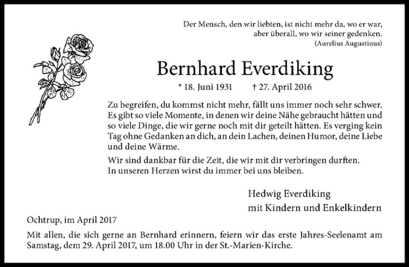  Traueranzeige für Bernhard Everdiking vom 27.04.2017 aus Westfälische Nachrichten