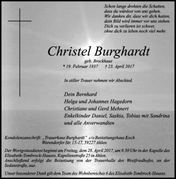 Anzeige von Christel Burghardt von Westfälische Nachrichten