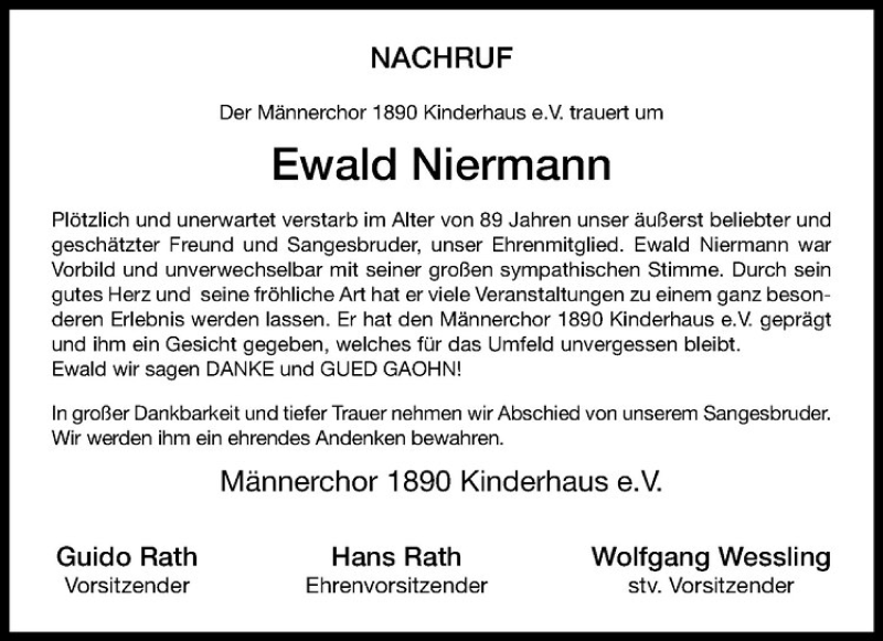  Traueranzeige für Ewald Niermann vom 29.04.2017 aus Westfälische Nachrichten