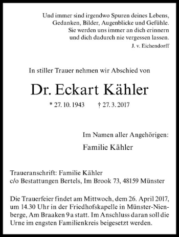Anzeige von Eckart Kähler von Westfälische Nachrichten
