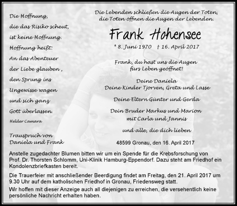 Traueranzeige für Frank Hohensee vom 19.04.2017 aus Westfälische Nachrichten