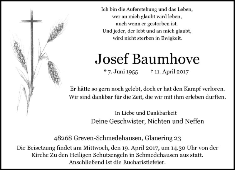  Traueranzeige für Josef Baumhove vom 14.04.2017 aus Westfälische Nachrichten