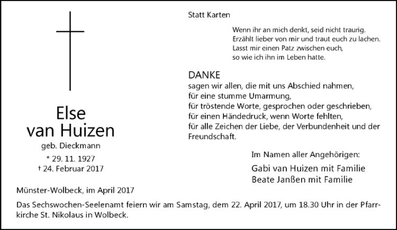  Traueranzeige für Else van Huizen vom 14.04.2017 aus Westfälische Nachrichten