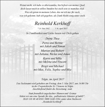 Anzeige von Reinhold Kerkhoff von Westfälische Nachrichten
