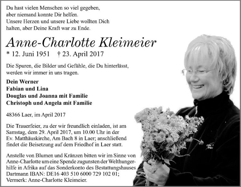  Traueranzeige für Anne-Charlotte Kleimeier vom 26.04.2017 aus Westfälische Nachrichten