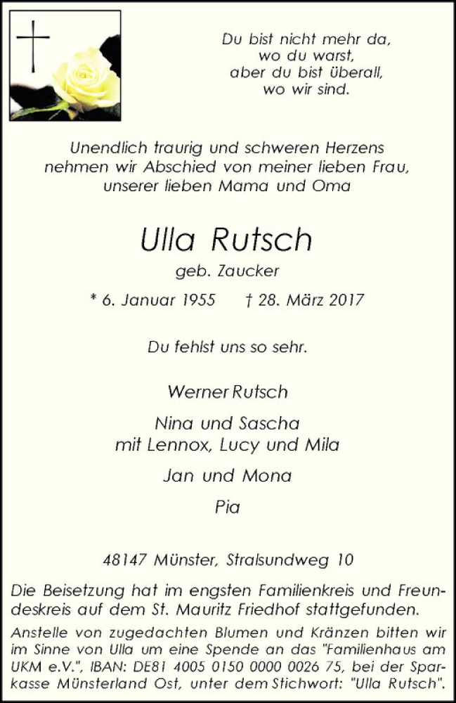  Traueranzeige für Ulla Rutsch vom 03.04.2017 aus Westfälische Nachrichten