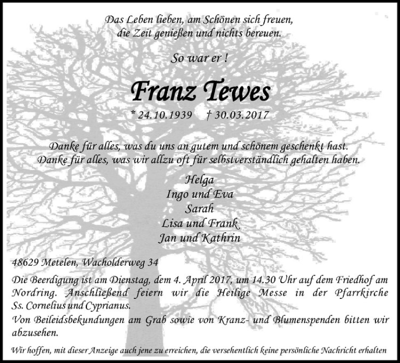 Traueranzeige für Franz Tewes vom 03.04.2017 aus Westfälische Nachrichten