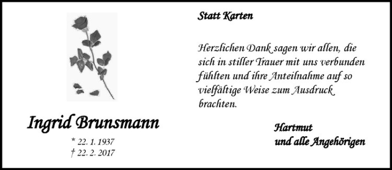  Traueranzeige für Ingrid Brunsmann vom 05.04.2017 aus Westfälische Nachrichten