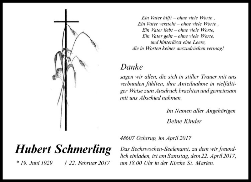  Traueranzeige für Hubert Schmerling vom 19.04.2017 aus Westfälische Nachrichten