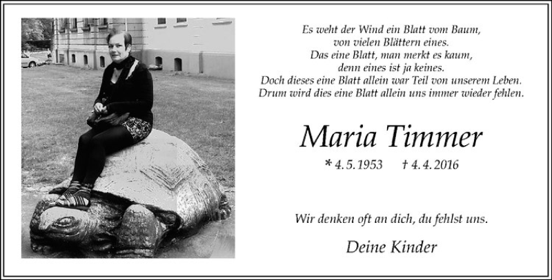  Traueranzeige für Maria Timmer vom 04.04.2017 aus Westfälische Nachrichten