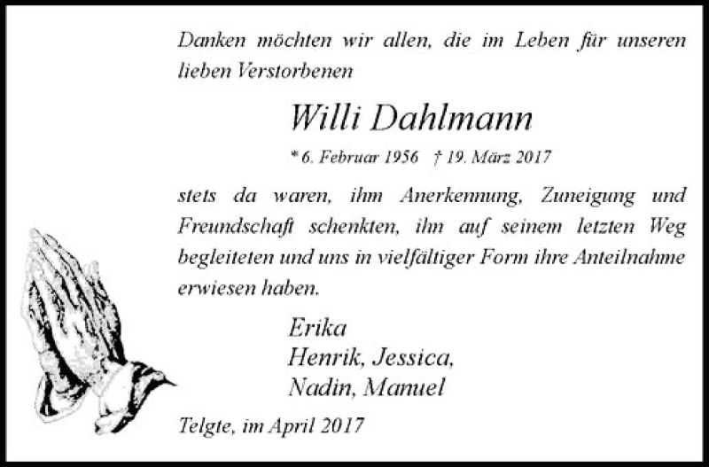  Traueranzeige für Willi Dahlmann vom 22.04.2017 aus Westfälische Nachrichten
